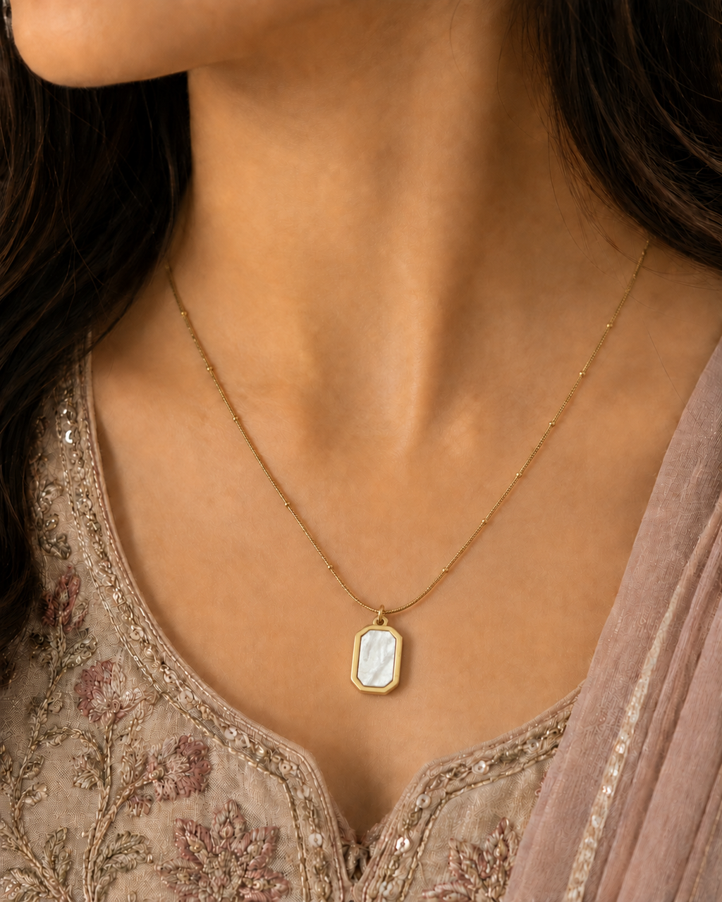 Two-Tone Pearl & Black Stone Rectangular Necklace