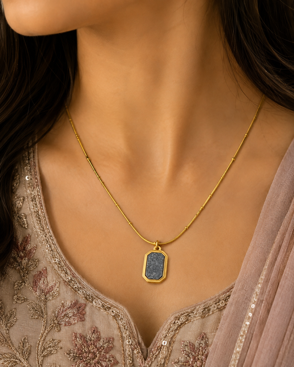 Two-Tone Pearl & Black Stone Rectangular Necklace