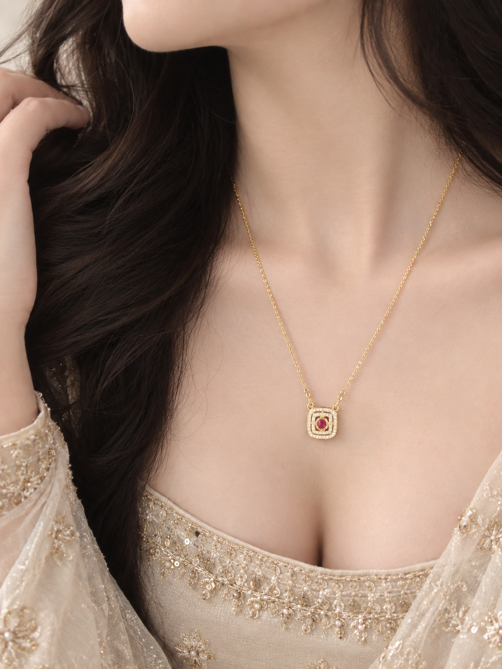 Ruby Square Halo Gold Necklace