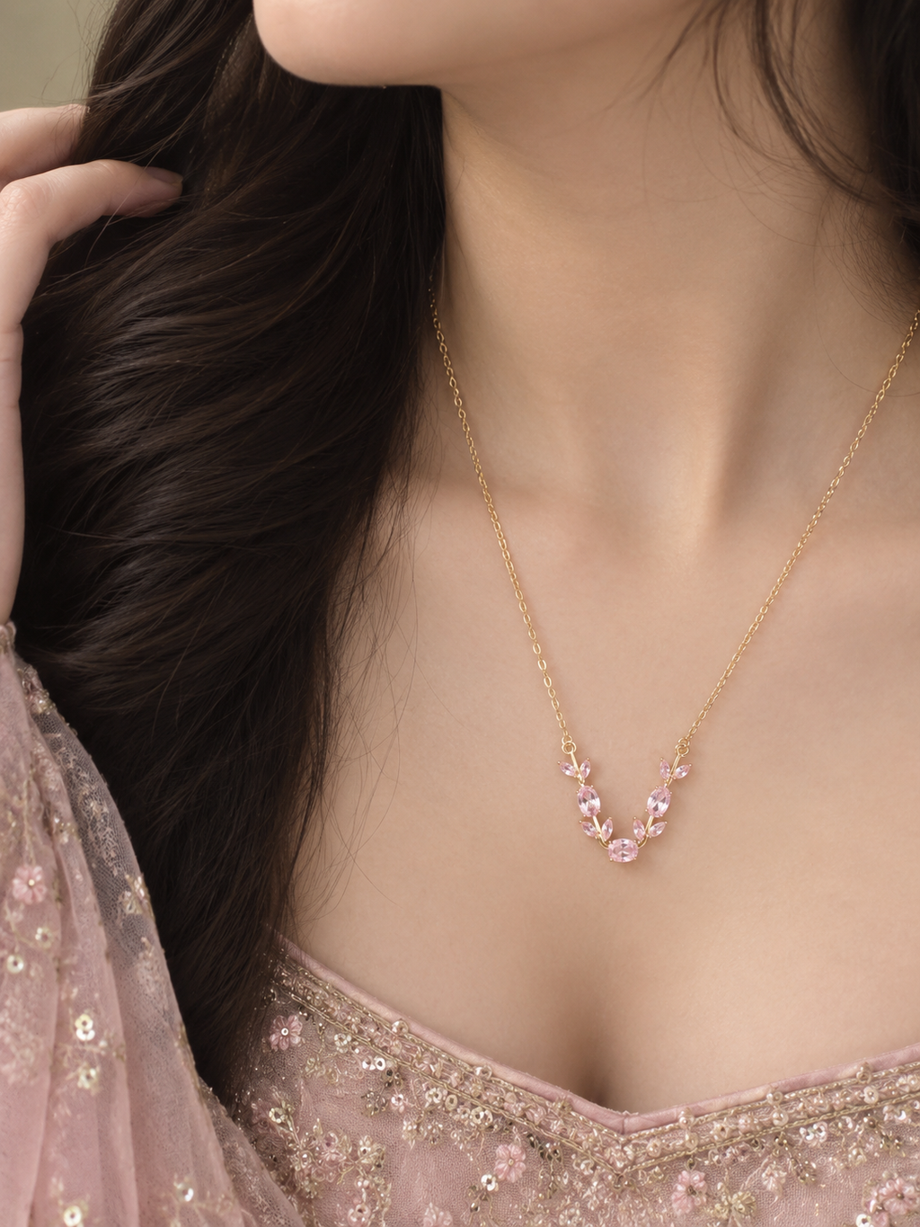 Pink Crystal Vine Gold Necklace