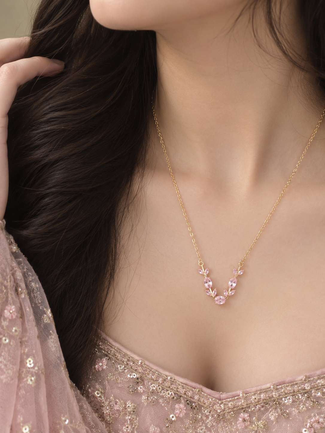 Pink Crystal Vine Gold Necklace