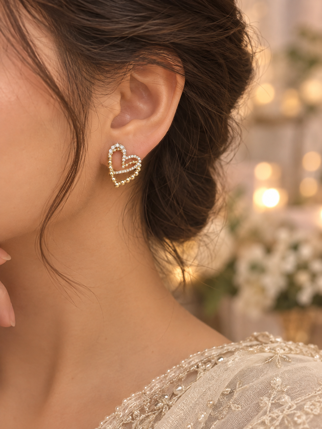 Twin Hearts Gold Stud Earrings