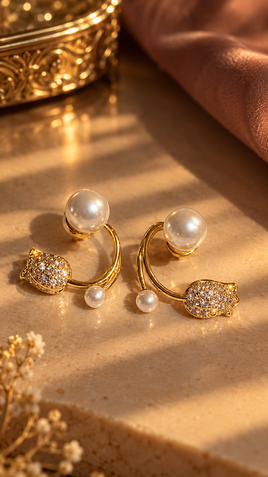 Pearl Tulip Zircon Earrings Golden/Silver